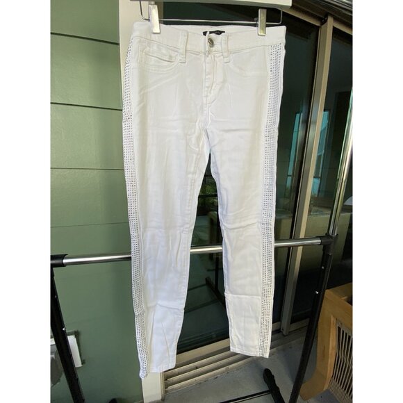 Vintage BEBE Y2K Rhinestone Stripes Down The Sides White Stretch Jeans Size 26 - Picture 1 of 6